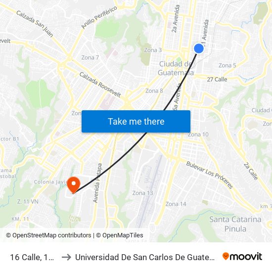 16 Calle, 10-2 to Universidad De San Carlos De Guatemala map