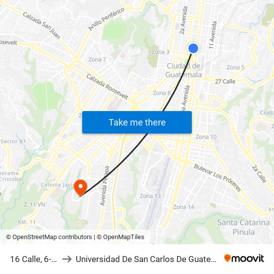 16 Calle, 6-13 to Universidad De San Carlos De Guatemala map