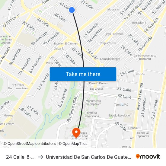 24 Calle, 8-15 to Universidad De San Carlos De Guatemala map