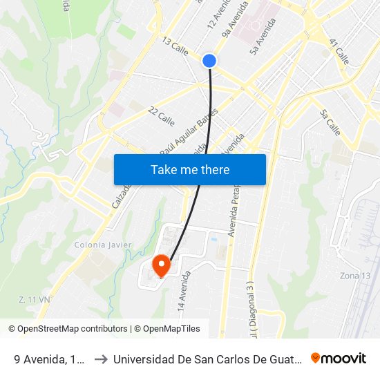 9 Avenida, 1234 to Universidad De San Carlos De Guatemala map