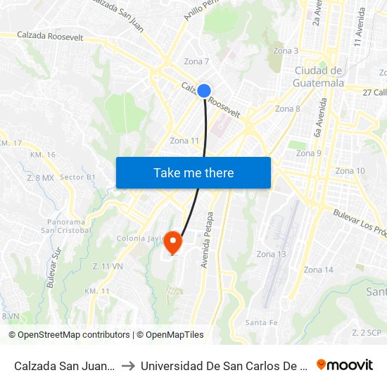 Calzada San Juan, 10-88 to Universidad De San Carlos De Guatemala map