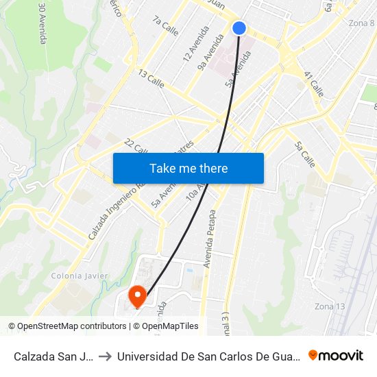 Calzada San Juan to Universidad De San Carlos De Guatemala map