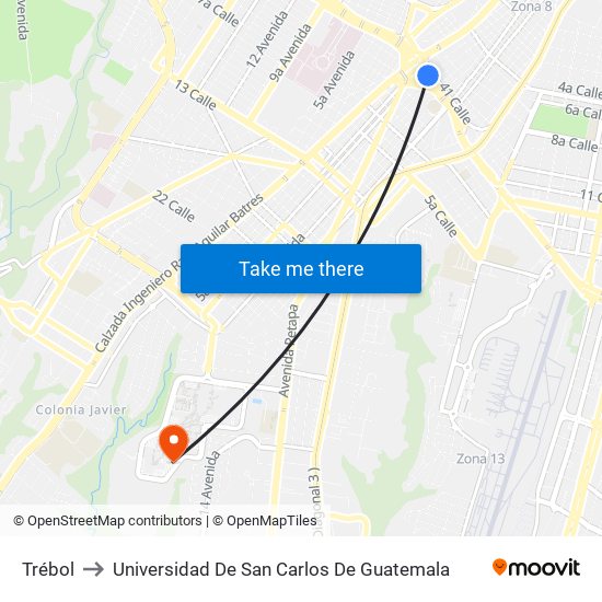 Trébol to Universidad De San Carlos De Guatemala map
