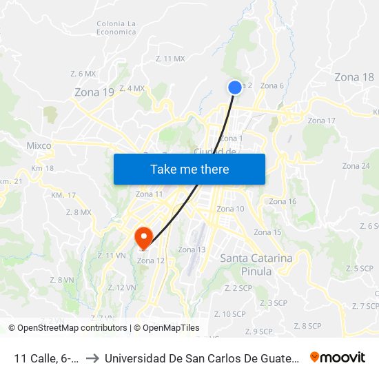 11 Calle, 6-52 to Universidad De San Carlos De Guatemala map