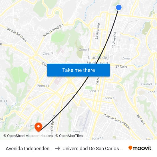 Avenida Independencia, 10-27 to Universidad De San Carlos De Guatemala map