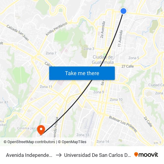 Avenida Independencia, 5-68 to Universidad De San Carlos De Guatemala map