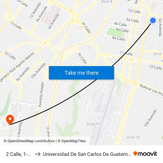 2 Calle, 1-54 to Universidad De San Carlos De Guatemala map