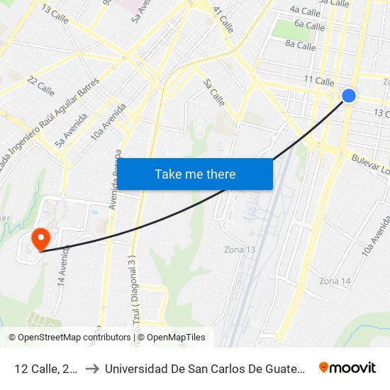 12 Calle, 220 to Universidad De San Carlos De Guatemala map