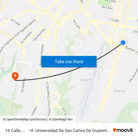 16 Calle, 11 to Universidad De San Carlos De Guatemala map
