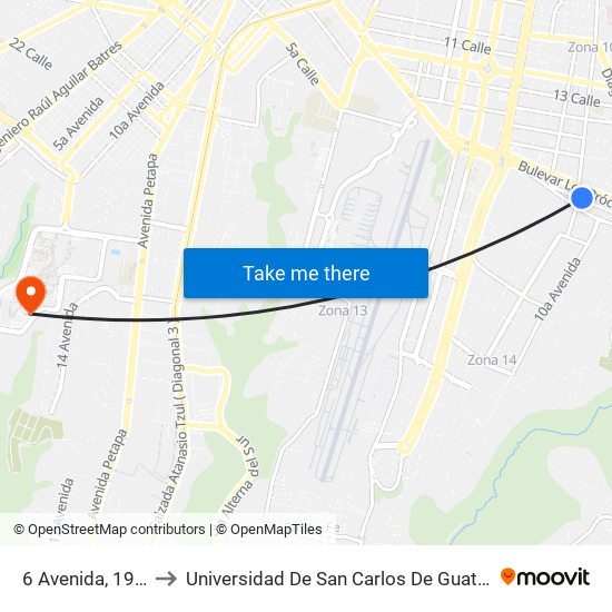6 Avenida, 19-33 to Universidad De San Carlos De Guatemala map