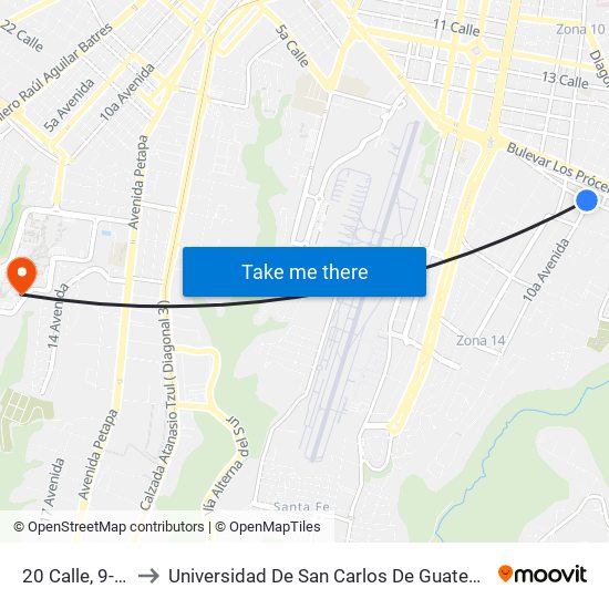 20 Calle, 9-65 to Universidad De San Carlos De Guatemala map