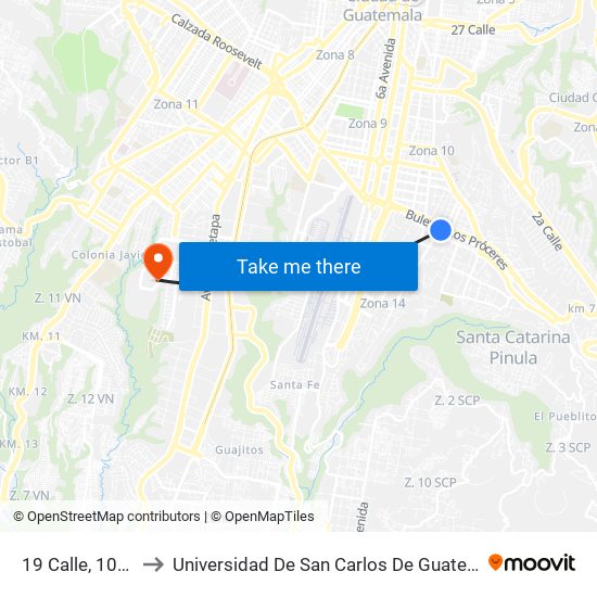 19 Calle, 10-27 to Universidad De San Carlos De Guatemala map
