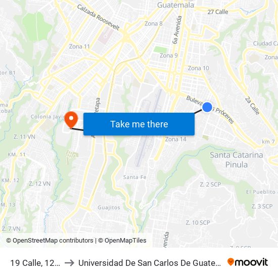 19 Calle, 1227 to Universidad De San Carlos De Guatemala map