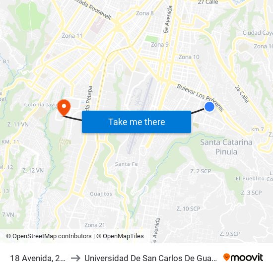 18 Avenida, 2036 to Universidad De San Carlos De Guatemala map