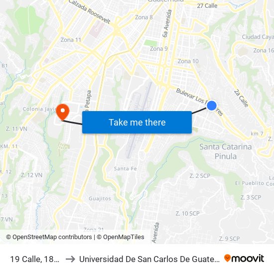 19 Calle, 18-14 to Universidad De San Carlos De Guatemala map