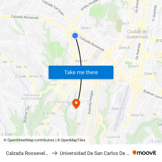 Calzada Roosevelt, 23-47 to Universidad De San Carlos De Guatemala map