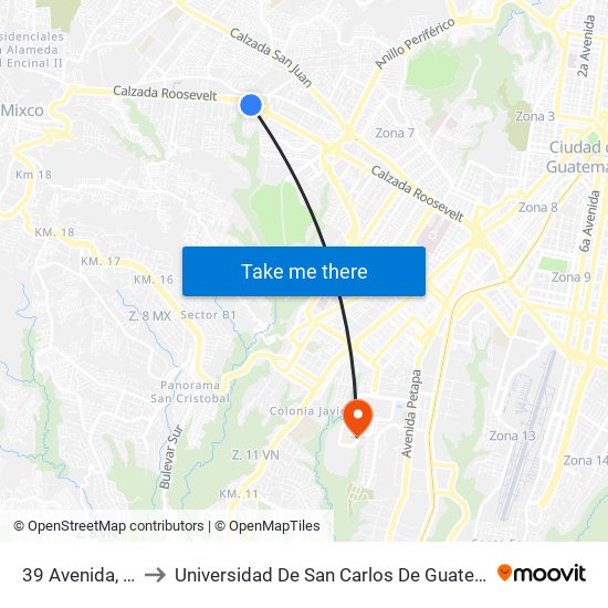 39 Avenida, 58 to Universidad De San Carlos De Guatemala map