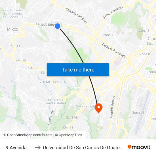 9 Avenida, 10 to Universidad De San Carlos De Guatemala map