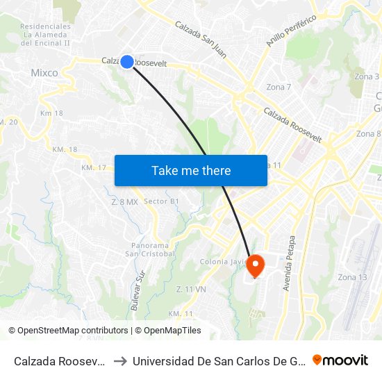 Calzada Roosevelt, 14 to Universidad De San Carlos De Guatemala map