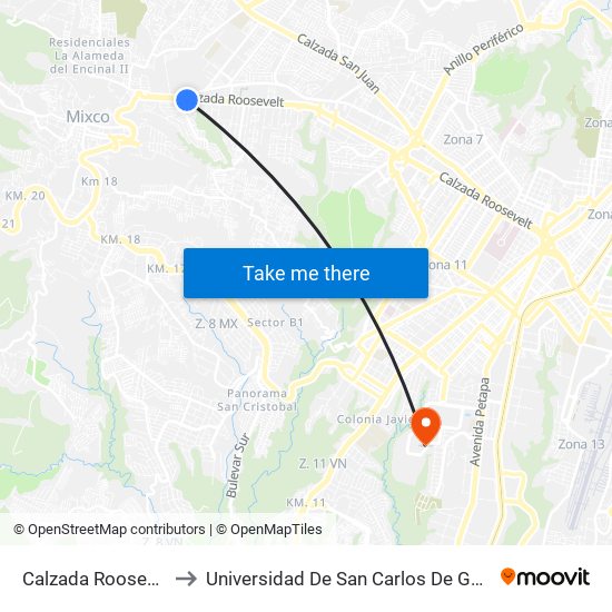 Calzada Roosevelt, 4 to Universidad De San Carlos De Guatemala map