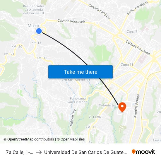 7a Calle, 1-99 to Universidad De San Carlos De Guatemala map