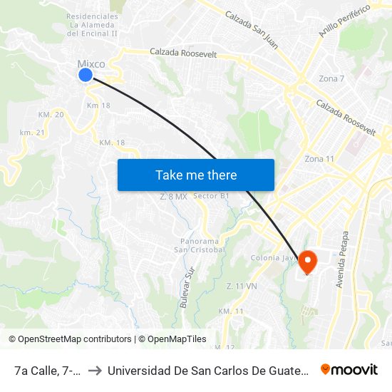 7a Calle, 7-11 to Universidad De San Carlos De Guatemala map