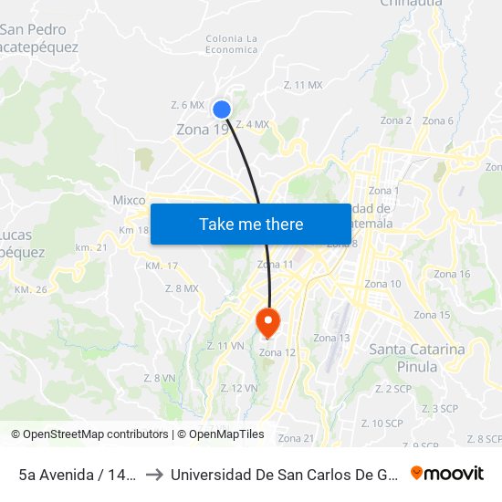 5a Avenida / 14 Calle to Universidad De San Carlos De Guatemala map