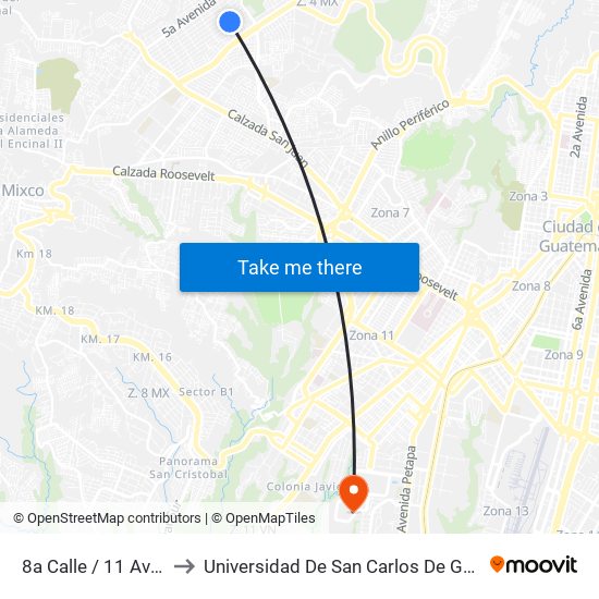 8a Calle / 11 Avenida to Universidad De San Carlos De Guatemala map
