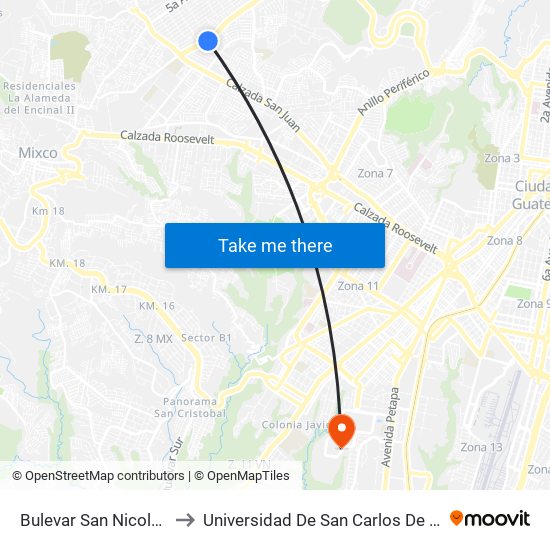 Bulevar San Nicolas, 3-78 to Universidad De San Carlos De Guatemala map