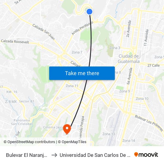Bulevar El Naranjo, 1025 to Universidad De San Carlos De Guatemala map