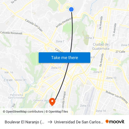 Boulevar El Naranjo (Mc Donald'S) to Universidad De San Carlos De Guatemala map