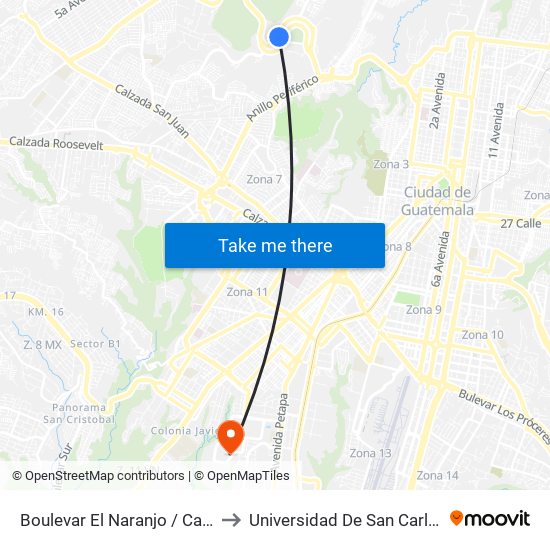 Boulevar El Naranjo / Calle De La Arenera to Universidad De San Carlos De Guatemala map
