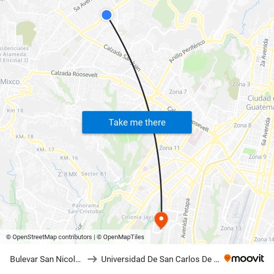 Bulevar San Nicolas, 7-33 to Universidad De San Carlos De Guatemala map