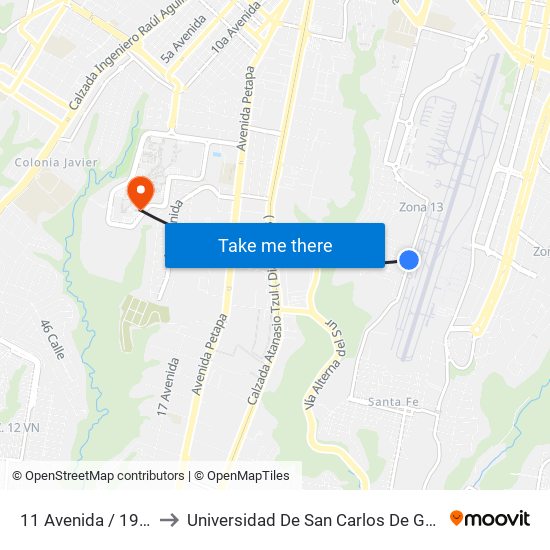 11 Avenida / 19 Calle to Universidad De San Carlos De Guatemala map