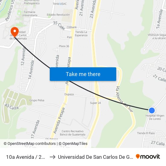 10a Avenida / 24 Calle to Universidad De San Carlos De Guatemala map