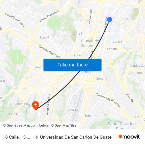 8 Calle, 13-12 to Universidad De San Carlos De Guatemala map