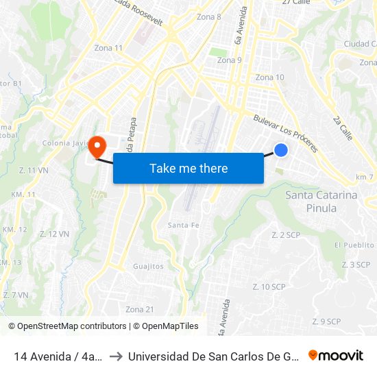 14 Avenida / 4a Calle to Universidad De San Carlos De Guatemala map