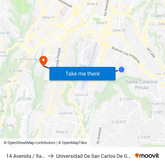 14 Avenida / 9a Calle to Universidad De San Carlos De Guatemala map