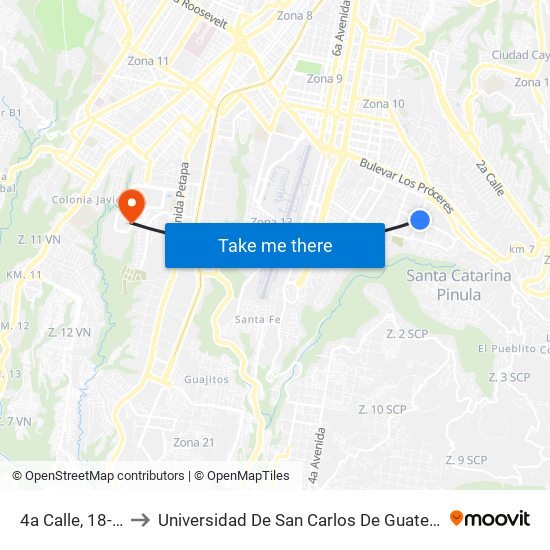 4a Calle, 18-13 to Universidad De San Carlos De Guatemala map