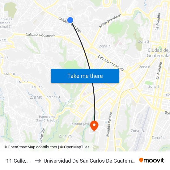 11 Calle, 72 to Universidad De San Carlos De Guatemala map