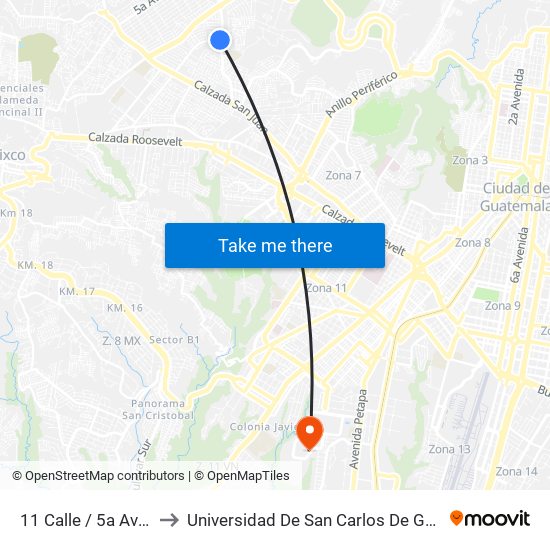 11 Calle / 5a Avenida to Universidad De San Carlos De Guatemala map