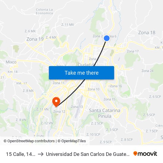 15 Calle, 1470 to Universidad De San Carlos De Guatemala map