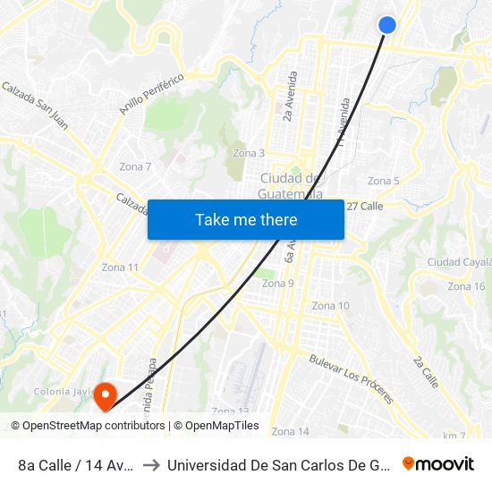 8a Calle / 14 Avenida to Universidad De San Carlos De Guatemala map