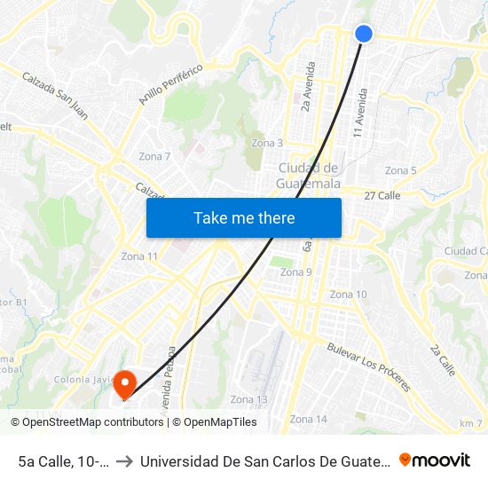 5a Calle, 10-15 to Universidad De San Carlos De Guatemala map