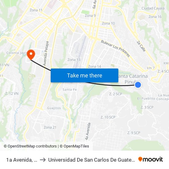 1a Avenida, 11 to Universidad De San Carlos De Guatemala map