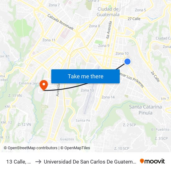 13 Calle, 10 to Universidad De San Carlos De Guatemala map