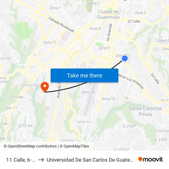 11 Calle, 6-74 to Universidad De San Carlos De Guatemala map