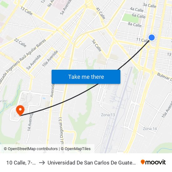 10 Calle, 7-03 to Universidad De San Carlos De Guatemala map