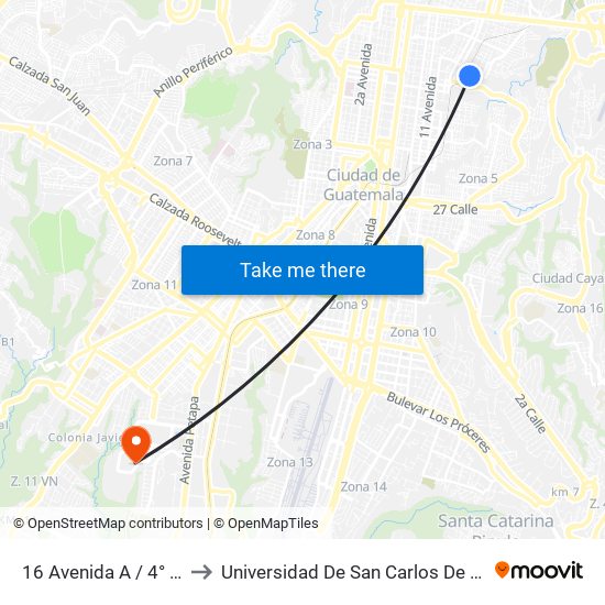 16 Avenida A / 4° Calle B to Universidad De San Carlos De Guatemala map