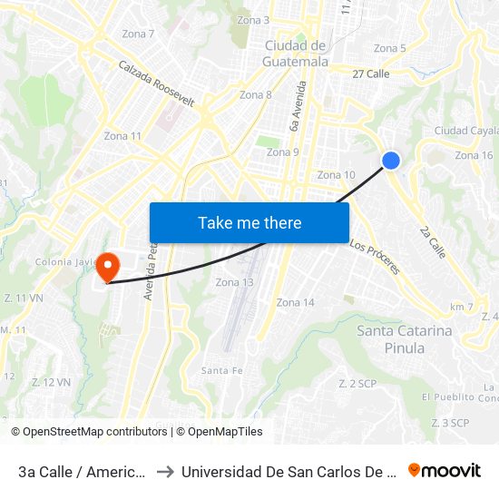 3a Calle / American Club to Universidad De San Carlos De Guatemala map